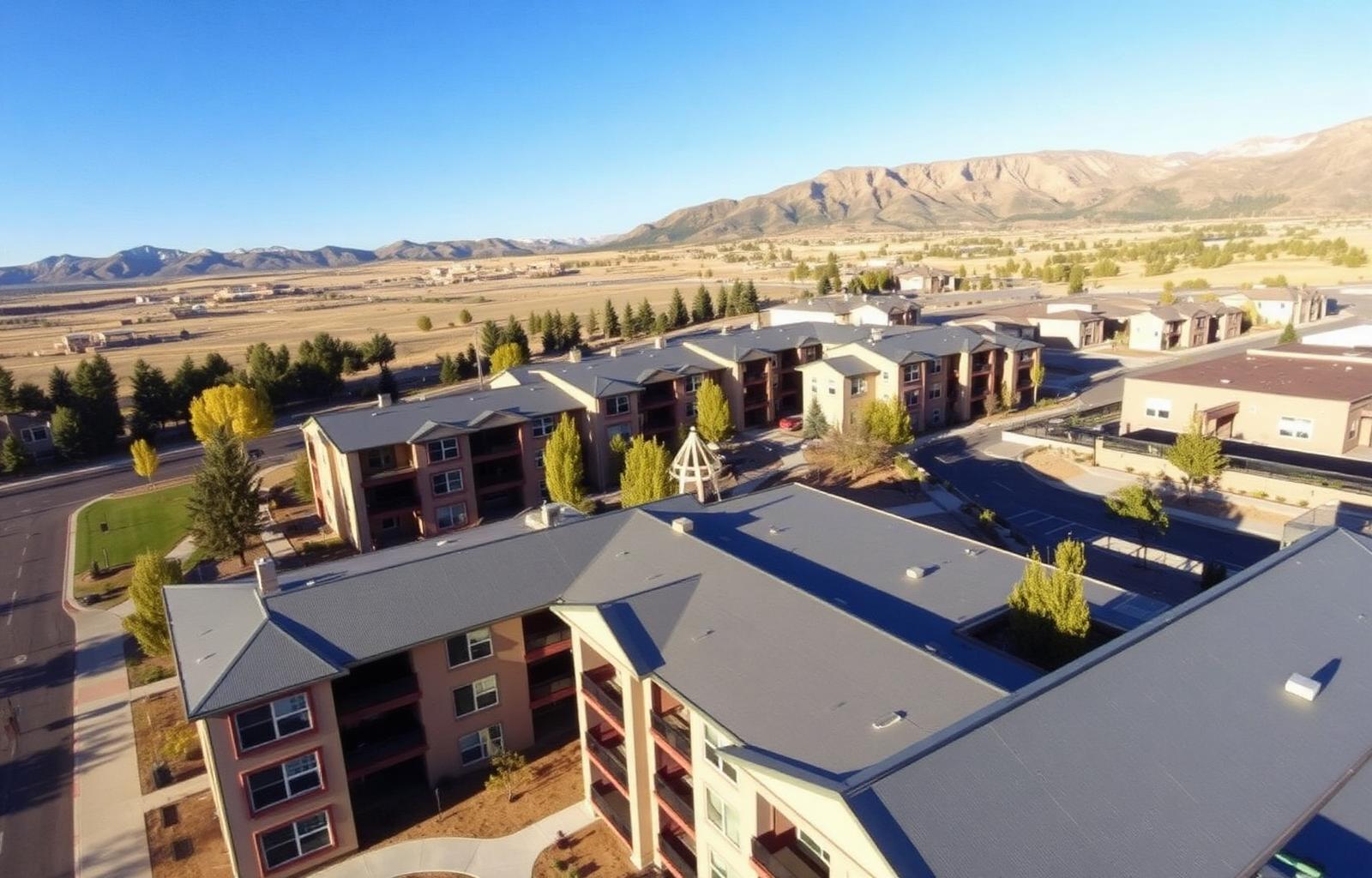 Aerial view of multi-family complex with membrane roof